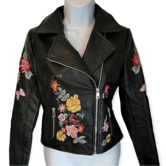 Romeo & Juliet Couture small Moto jacket black Faux Leather embroidered flowers - Picture 9 of 16
